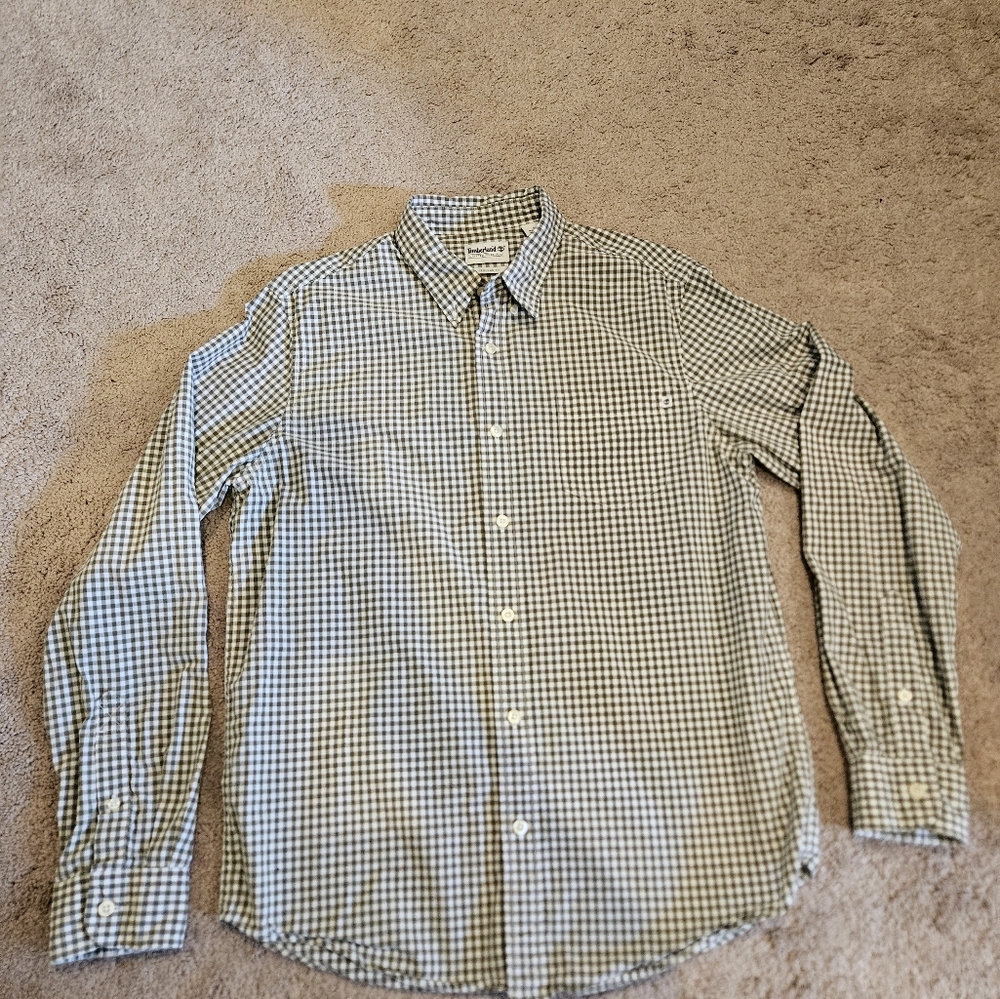 Timberland Men's Olive Green/White Checked Button Down Long Sleeve Shirt Medium